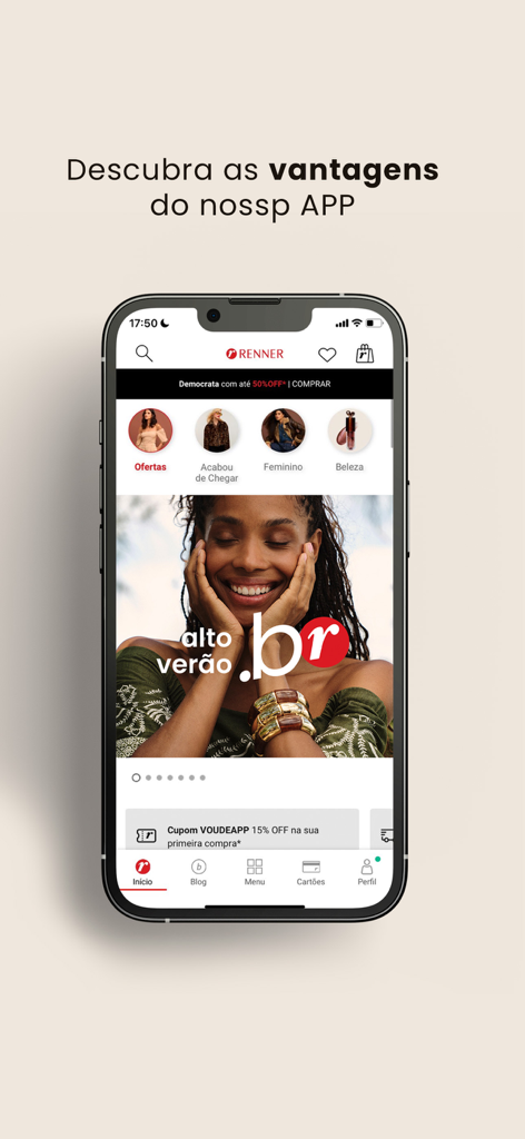 Lojas Renner - Comprar Roupas - Smartphone displaying the Lojas Renner app home screen featuring Brazilian fashion categories and a summer collection banner.