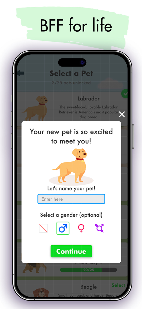 Watch Pet: Widget & Watch Pets - Uma tela no aplicativo Watch Pet mostrando um pop-up para nomear um Labrador recém-adotado e selecionar seu gênero.