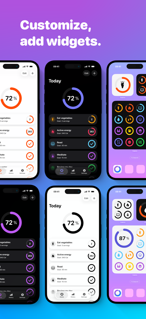 Awesome Habits: Habit Tracker - Interface preview of Awesome Habits app showing home screen widgets and light and dark mode customization options.