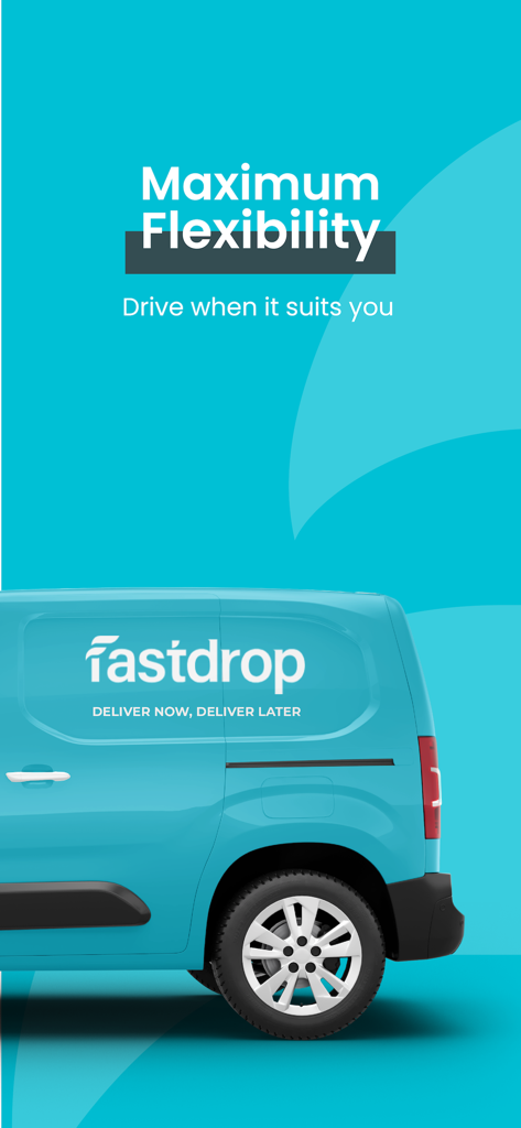 FastDrop Driver - A blue delivery van with the FastDrop logo and text promoting flexible driving schedules