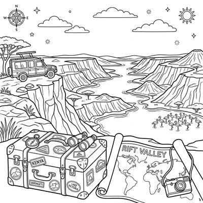 Get ready for an exciting journey with this Rift Valley Lakes vacation coloring page. It's packed with stunning geological formations, safari elements, and charming wildlife, perfect for inspiring your next travel dream.