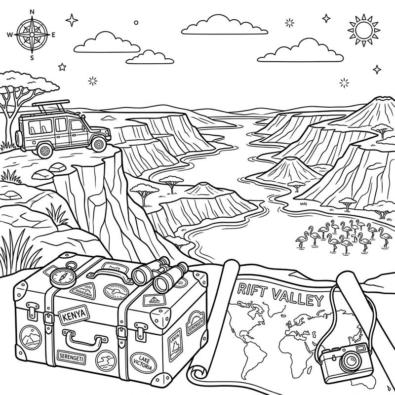 Get ready for an exciting journey with this Rift Valley Lakes vacation coloring page. It's packed with stunning geological formations, safari elements, and charming wildlife, perfect for inspiring your next travel dream.