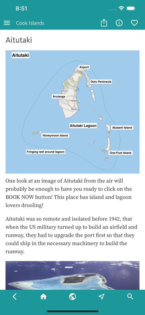 Mapa da ilha de Aitutaki e informações de viagem dentro do aplicativo Cook Islands Best.