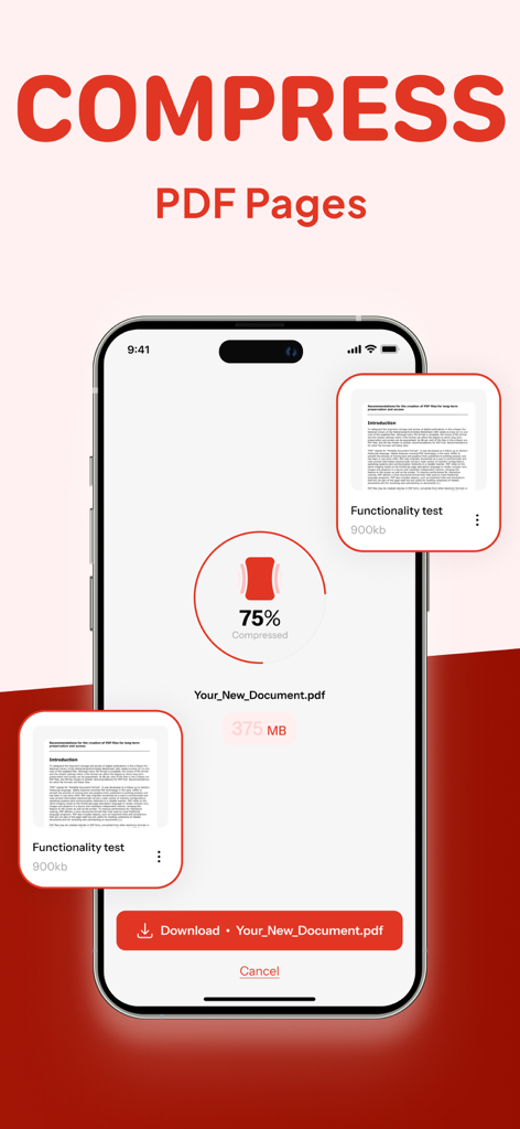 ファイルサイズを75％削減するPDF圧縮ツールを表示するスマートフォン