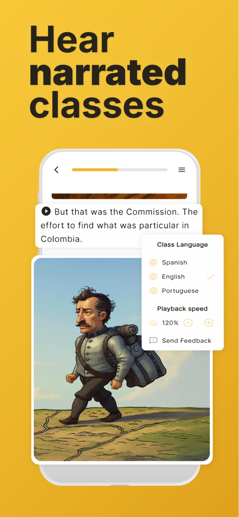 Mobile interface of Gurwi app showing narrated visual classes and audio settings.