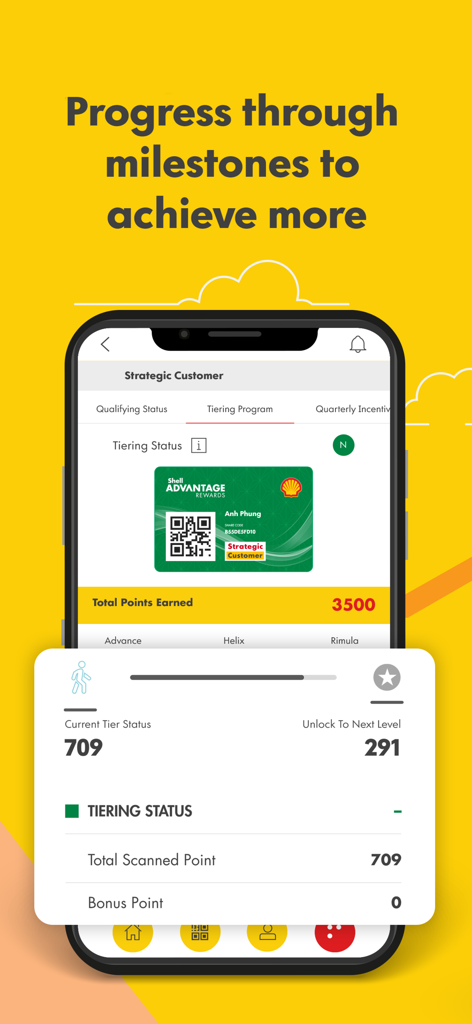 Shell Advantage Rewards(SHARE) - Pantalla de smartphone mostrando el programa de niveles de la aplicación Shell Advantage Rewards con puntos ganados y progreso al siguiente nivel.
