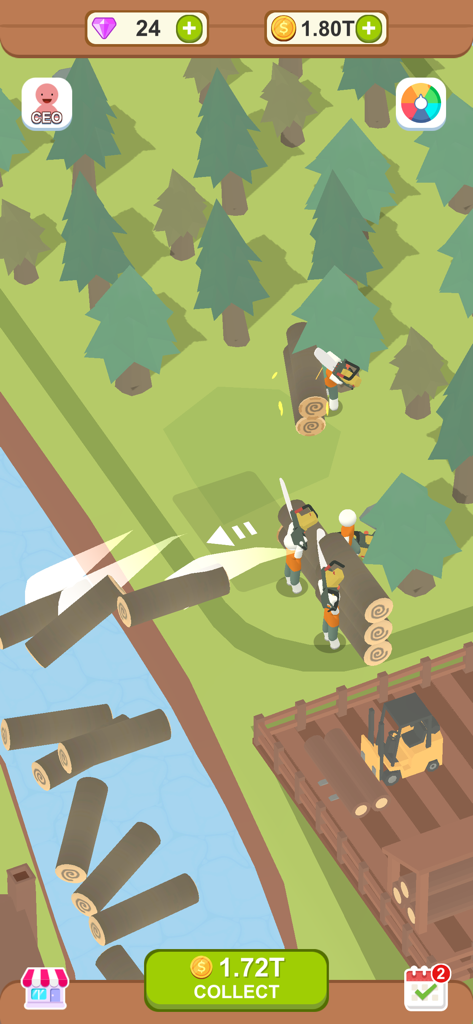 Aquatic Logging Factory - Workers harvesting timber and floating logs down a river in Aquatic Logging Factory