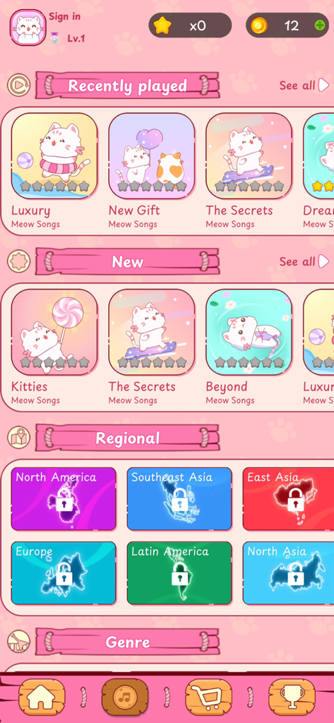 Cats Tiles - 可愛い猫のイラストとロックされた地域レベルが表示された曲カードを示すキャッツタイルのゲームメニュー。