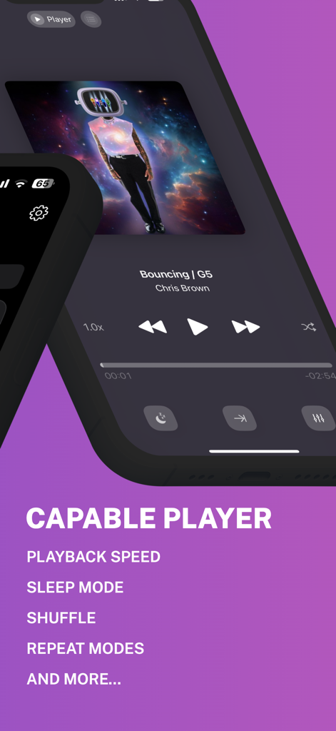 Musiq: Offline Music Player - Musiq offline music player showing the playback interface with controls and a list of features like sleep mode and playback speed