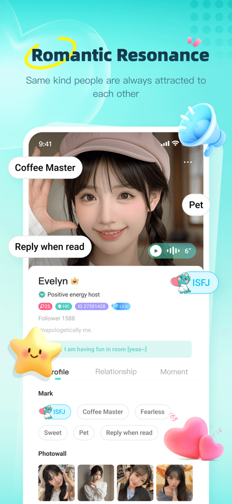 Dino app interface showing a user profile with MBTI personality tags and the header Romantic Resonance.