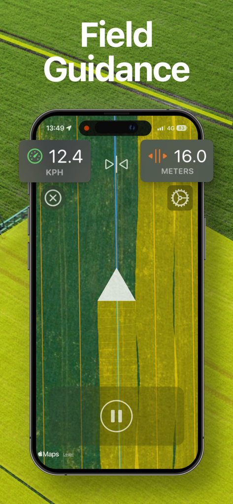 Interface do aplicativo Tractor GPS mostrando linhas de orientação de campo e métricas de navegação