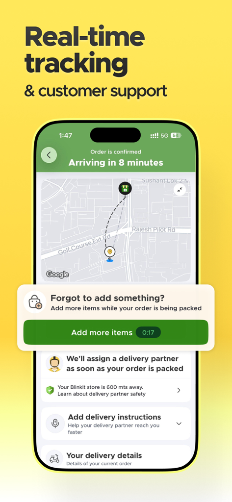 Blinkit: Groceries & more - Interfaccia dell'app mobile Blinkit che mostra una mappa di tracciamento degli ordini in tempo reale con un tempo di arrivo stimato di otto minuti