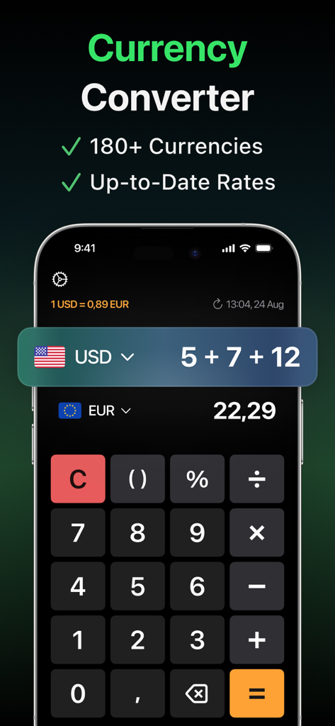 Interfaz del convertidor de divisas dentro de la aplicación Calculadora y Resolutor de Matemáticas que muestra la conversión de USD a EUR