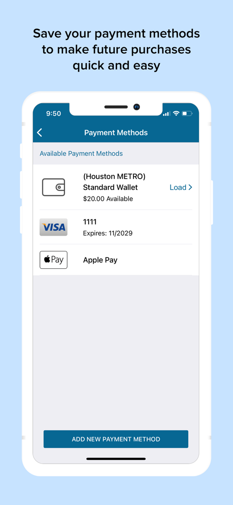 Q Ticketing - The Payment Methods screen of the Q Ticketing app showing options for Houston METRO wallet Visa and Apple Pay.