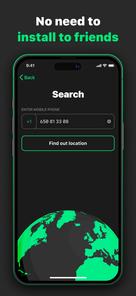 Find Us: Phone Number Tracker - Search interface of the Find Us app for tracking a mobile phone number location without requiring the recipient to install the application.