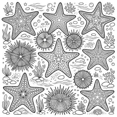 Discover a vibrant underwater world with this captivating coloring page featuring an abundance of detailed starfish and spiky sea urchins. Immerse yourself in the beauty of marine life as you bring these fascinating creatures and their ocean habitat to life with your favorite colors.