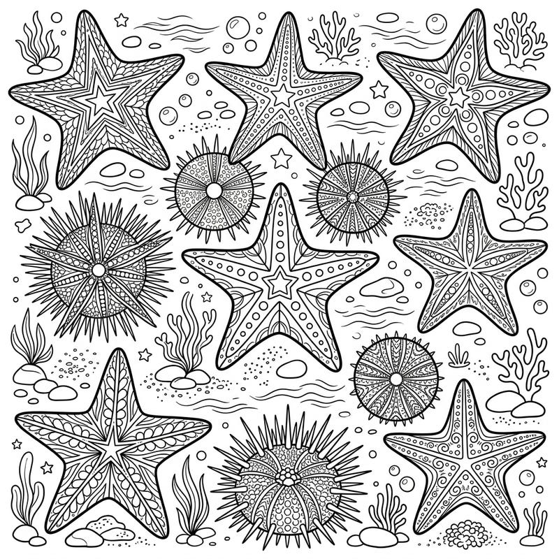 Discover a vibrant underwater world with this captivating coloring page featuring an abundance of detailed starfish and spiky sea urchins. Immerse yourself in the beauty of marine life as you bring these fascinating creatures and their ocean habitat to life with your favorite colors.
