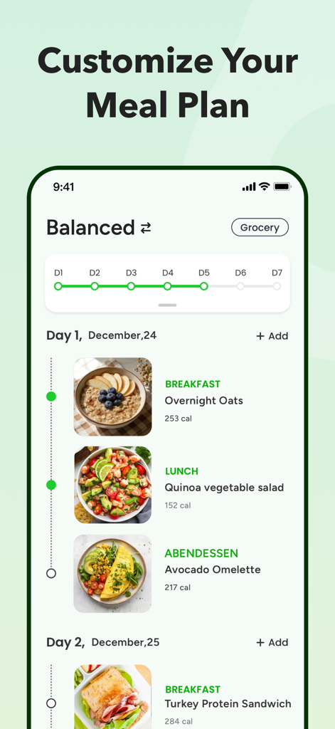 Calo Care: AI Calorie Tracker - Interfaz del planificador de comidas semanal en la aplicación Calo Care que muestra opciones de desayuno, almuerzo y cena con calorías