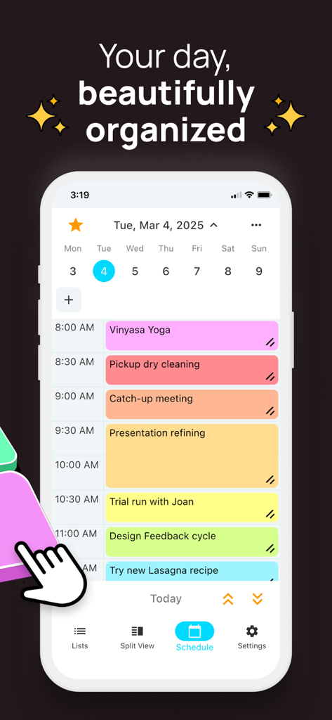 TimeFinder: Time Blocking - Mobile interface of TimeFinder app showing a beautifully organized daily schedule with vibrant color-coded time blocks for ADHD productivity.