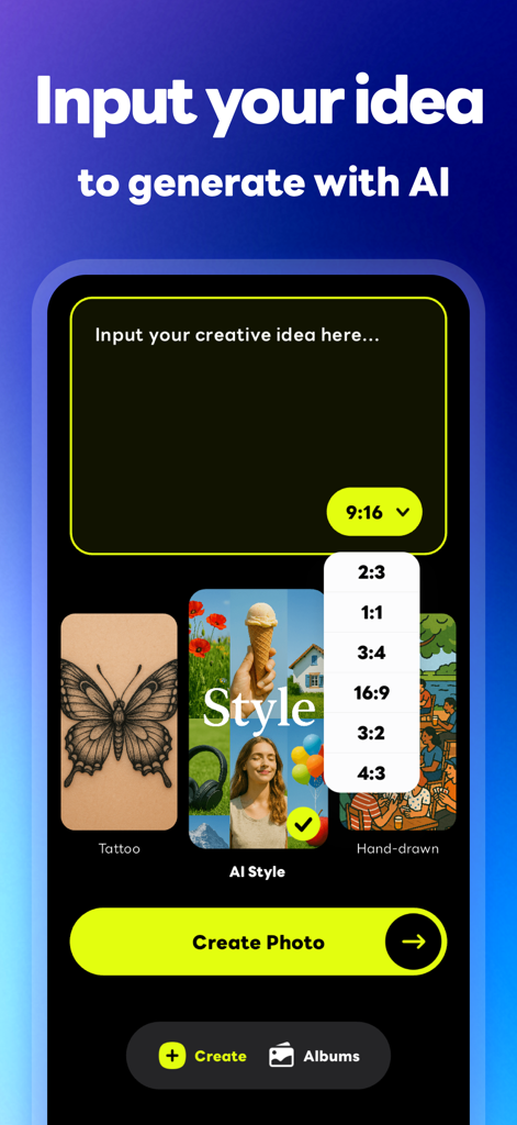 Yapper Image Prank AI - Interface of the Yapper AI app showing prompt input, aspect ratio settings, and artistic style selection.