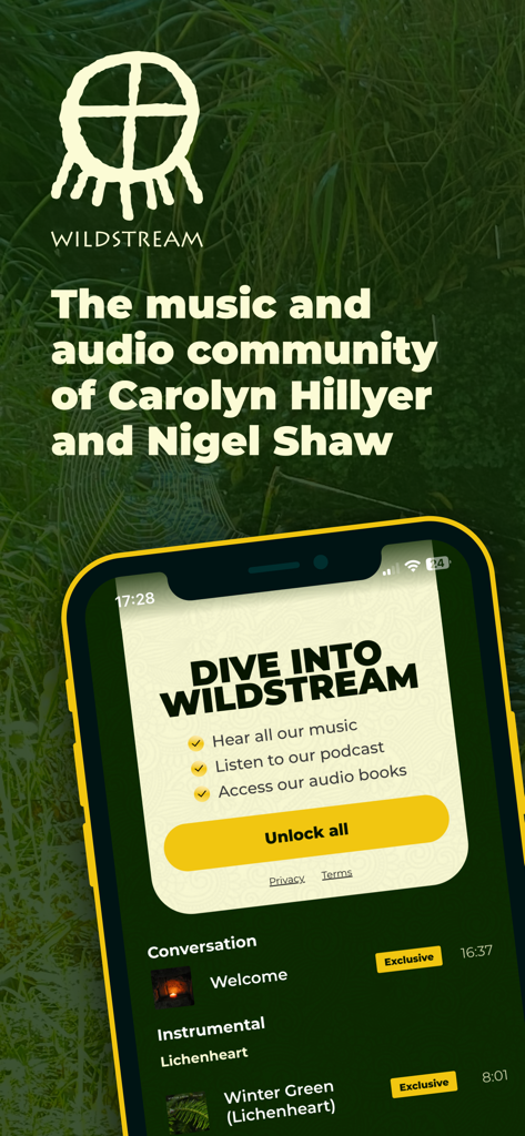 Wildstream - Wildstream app interface on a smartphone showing music and podcast content for Carolyn Hillyer and Nigel Shaw against a natural green background