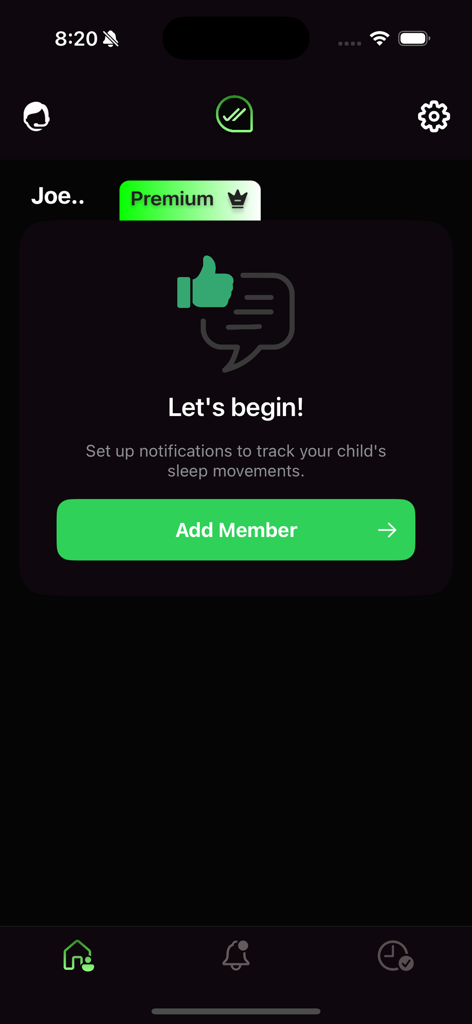 WaLooker: Parent Sleep Tracker - Pantalla de configuración de la aplicación WaLooker que muestra el botón Añadir Miembro y la configuración de notificaciones de seguimiento del sueño.