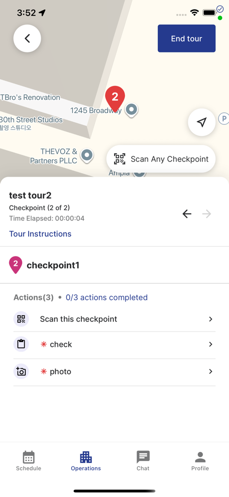 Belfry Security - Belfry Security mobile app showing a patrol tour map with checkpoint instructions and action items