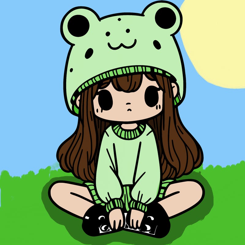 a girl wearing a frog hat and some frog socks