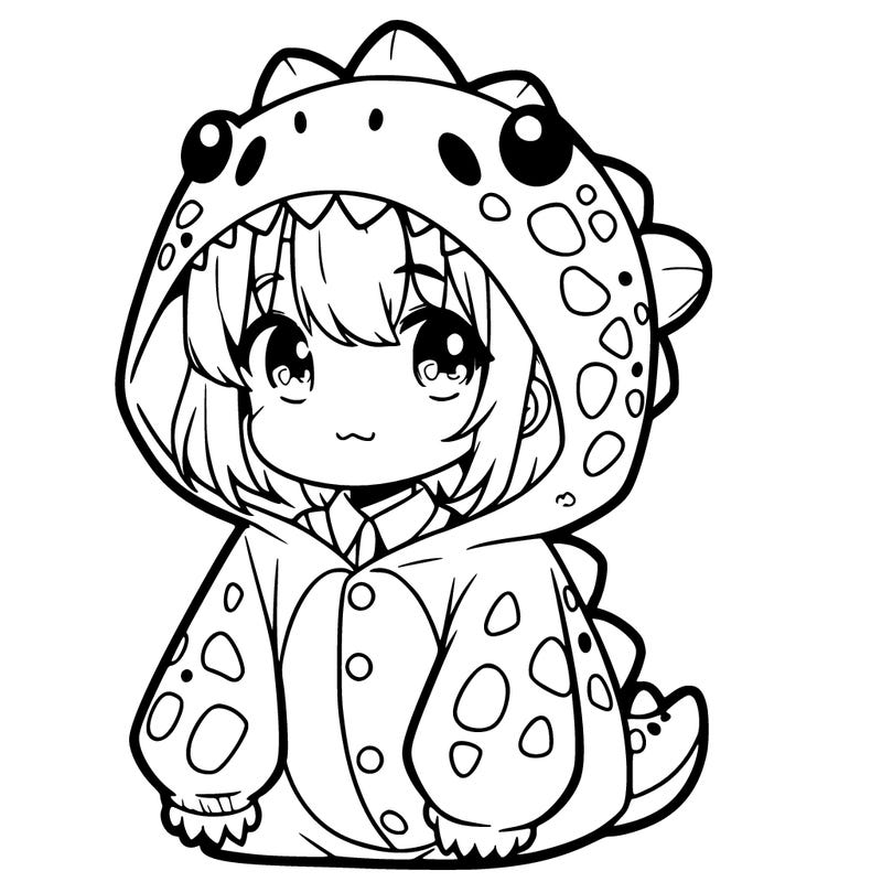 cute anime girl in a dinosaur onsie