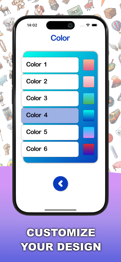 Pics 2 Words - Interfaz de la aplicación Pics 2 Words que muestra varios temas de color para personalizar el diseño del juego.