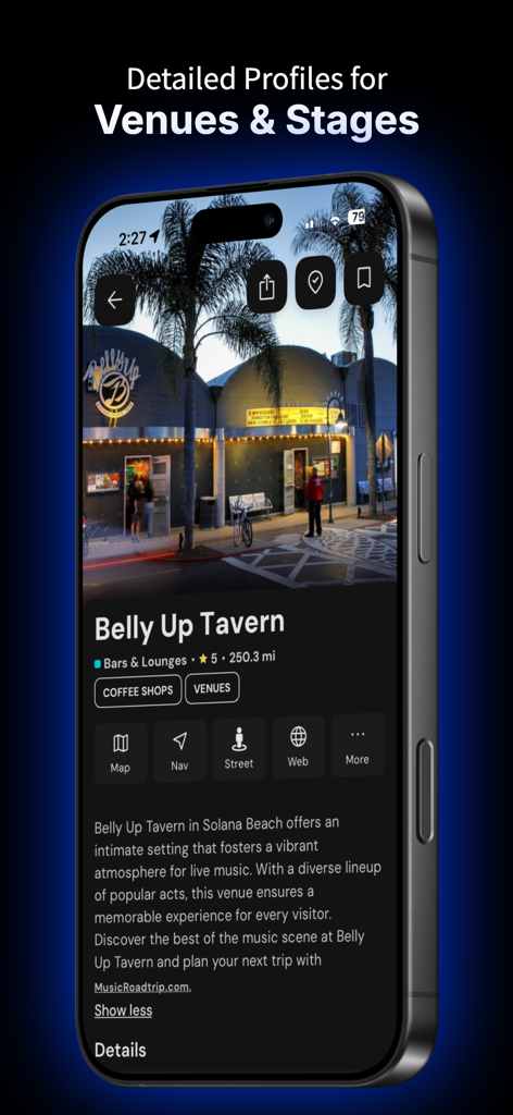 Music Roadtrip - Detailed profile for Belly Up Tavern on the Music Roadtrip mobile app showing venue photo and description