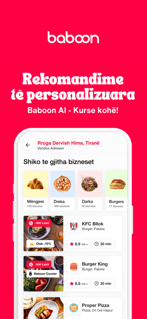 Baboon Delivery: Food and more - Baboon Delivery app interface showing personalized food recommendations and restaurant listings