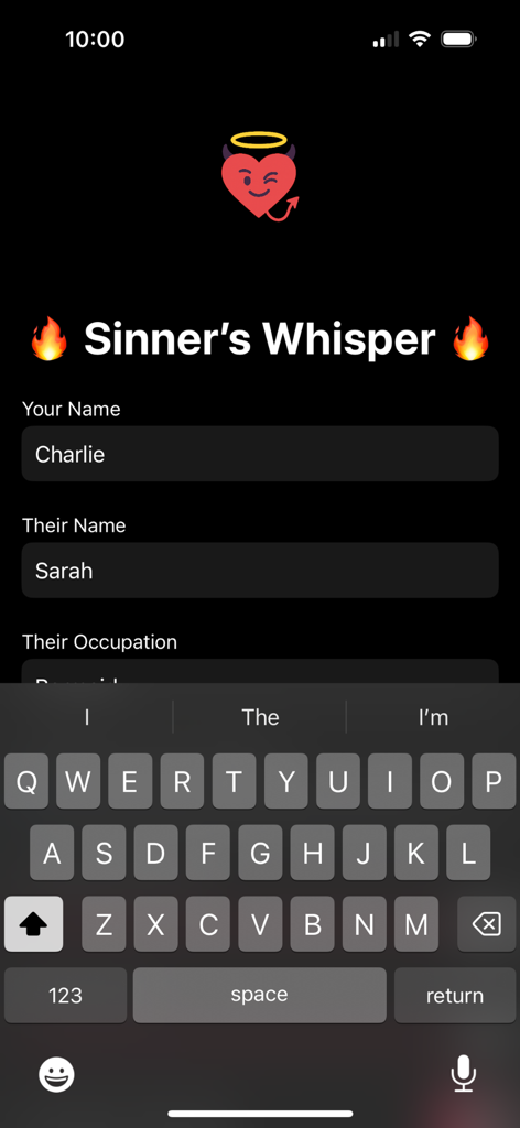 Sinners Whisper - Schermata di input dell'app Sinners Whisper per generare battute di flirt personalizzate con l'AI