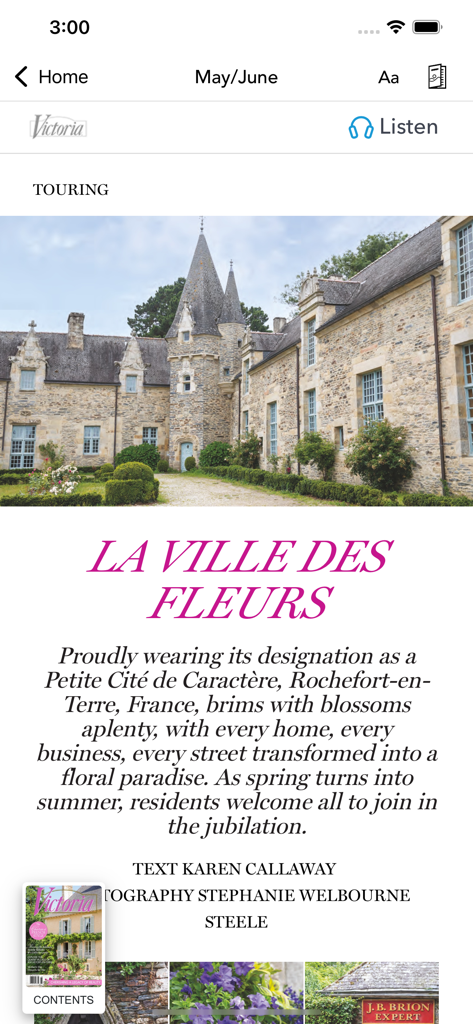 Victoria - A page from the Victoria magazine app featuring an article about a historic stone building in Rochefort-en-Terre France