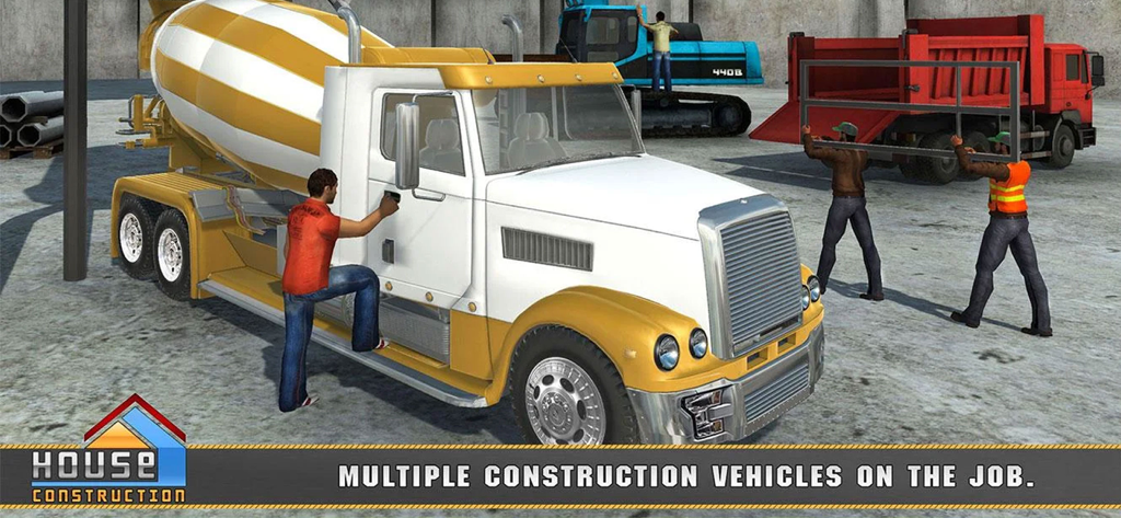 House Construction Simulator - A construction site featuring a concrete mixer truck an excavator and workers in the House Construction Simulator game