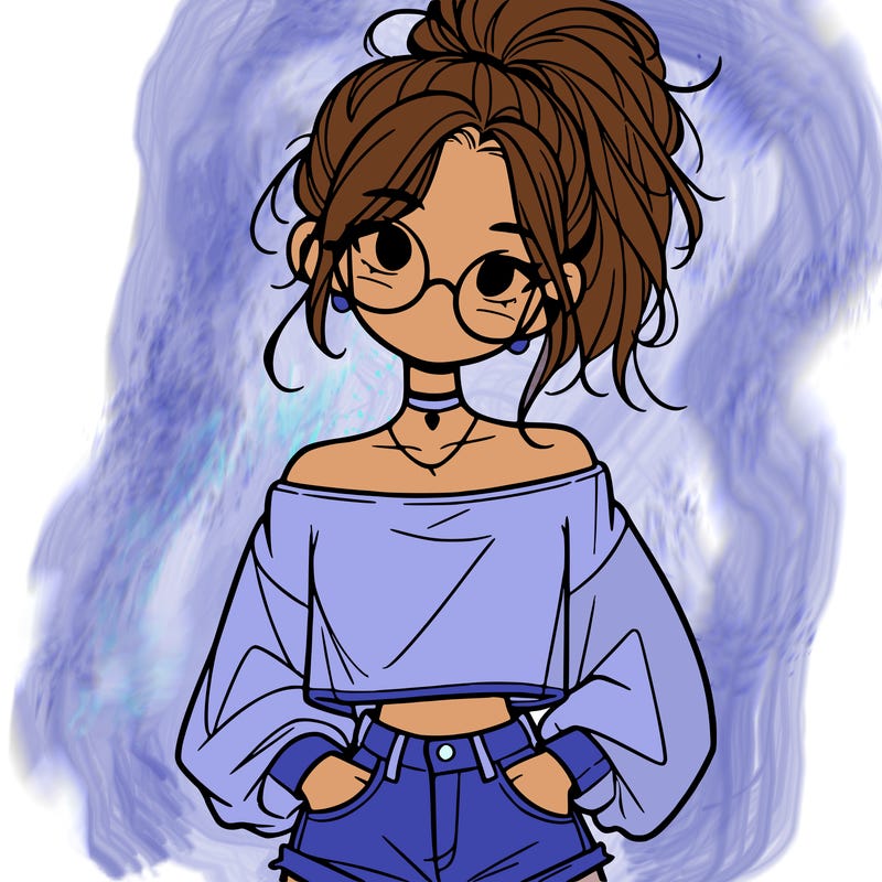 girl with a messy ponytail glasses a baggy crop top and jean shorts