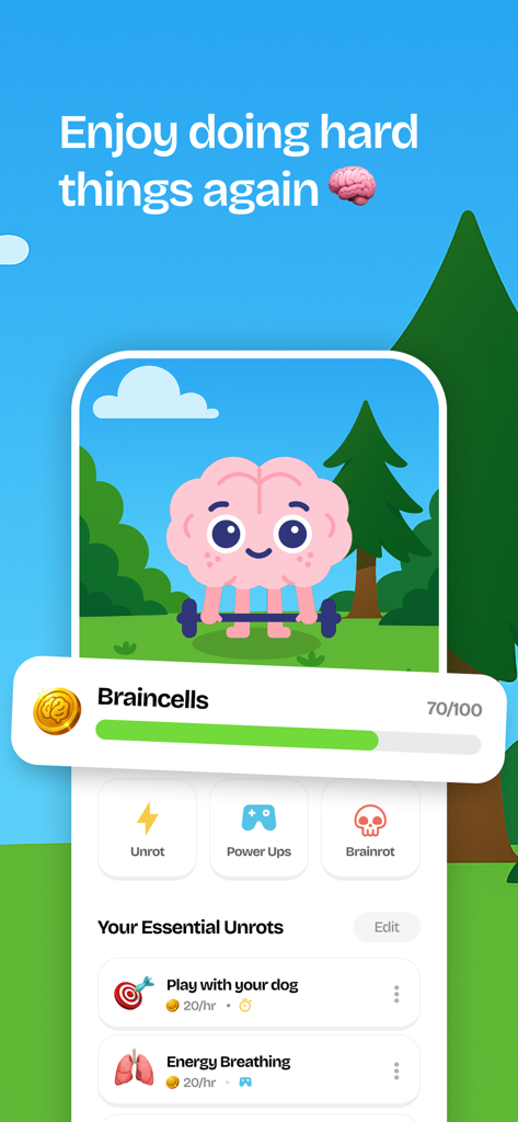 Unrot app screen featuring a brain mascot lifting weights and a mental energy meter.