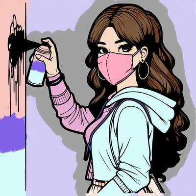 realistic girl with mask spray painting a wall