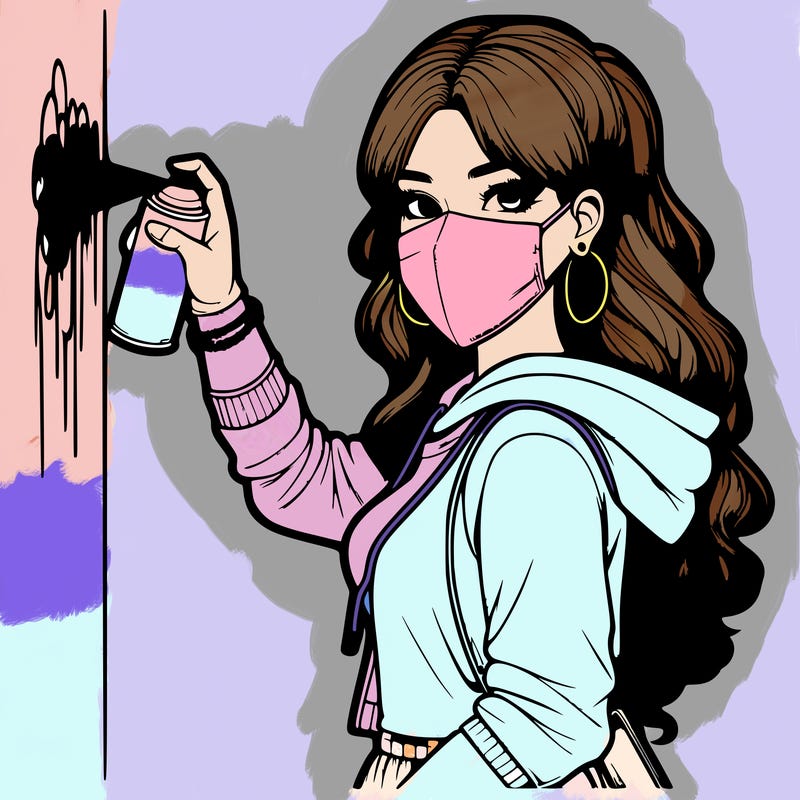 realistic girl with mask spray painting a wall