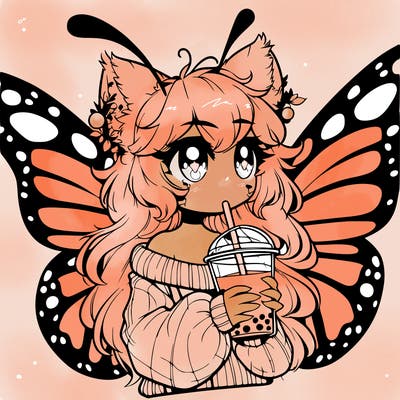 a realistic butterfly/furry girl drinking boba