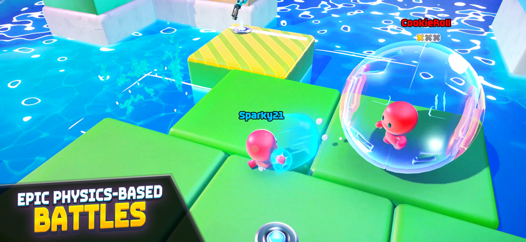 Rumble Club - Deux joueurs s'affrontent sur des plateformes colorées dans une arène de combat basée sur la physique