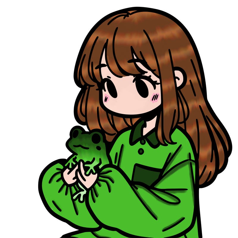 girl with long hair and a oversized shirt. and she is holding a frog
