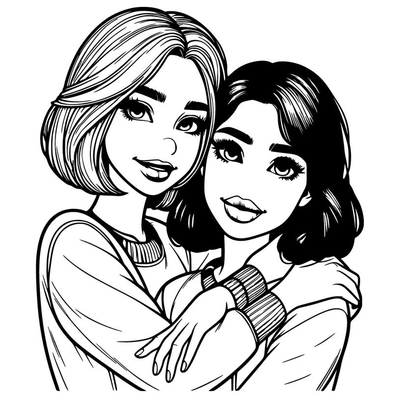 beautiful realistic girl with shorthair hugging bestie who looks the same with lips