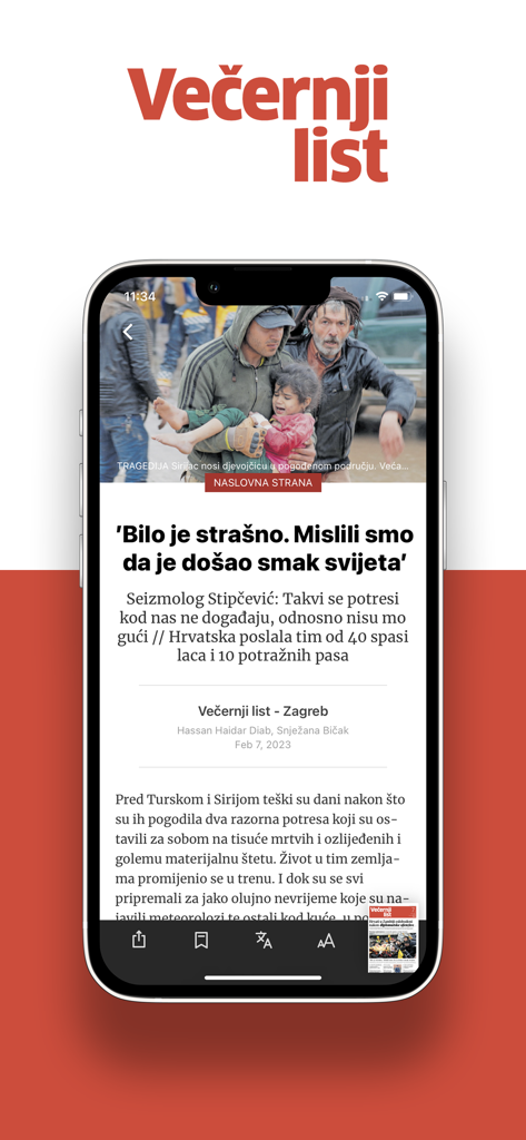 Večernji list e-novine - Vecernji list e-novine app displaying a news article on a smartphone
