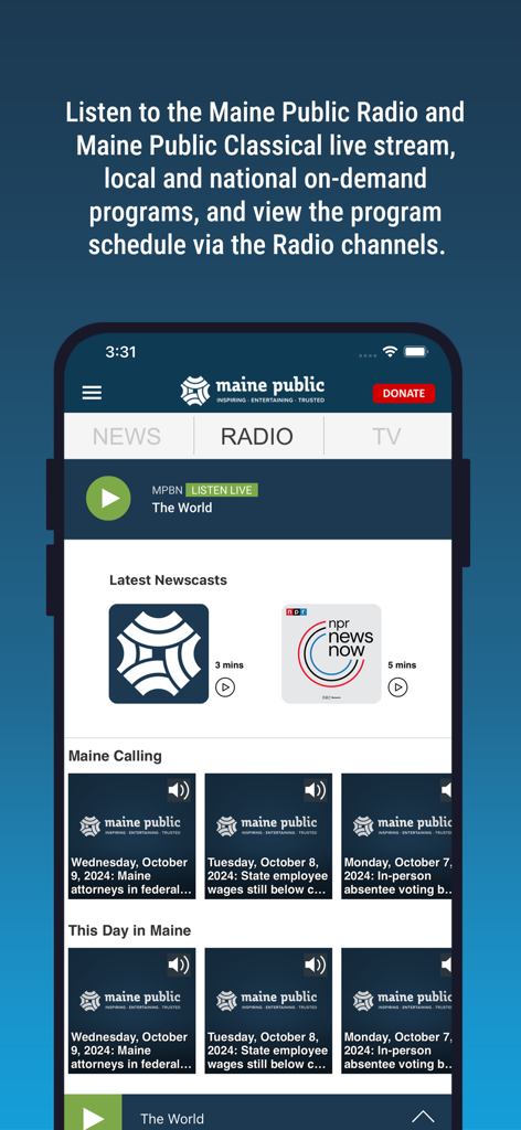 A screenshot of the Maine Public app radio tab featuring live streaming and latest newscasts.