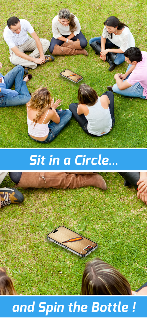 Truth or Dare 2 • Party Game - A group of friends sitting in a circle on grass playing a virtual spin the bottle game on a smartphone