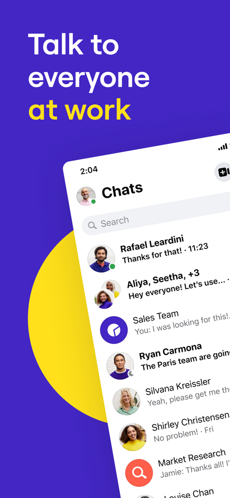 Une interface mobile pour Workplace Chat de Meta affichant une liste de conversations de chat professionnelles.