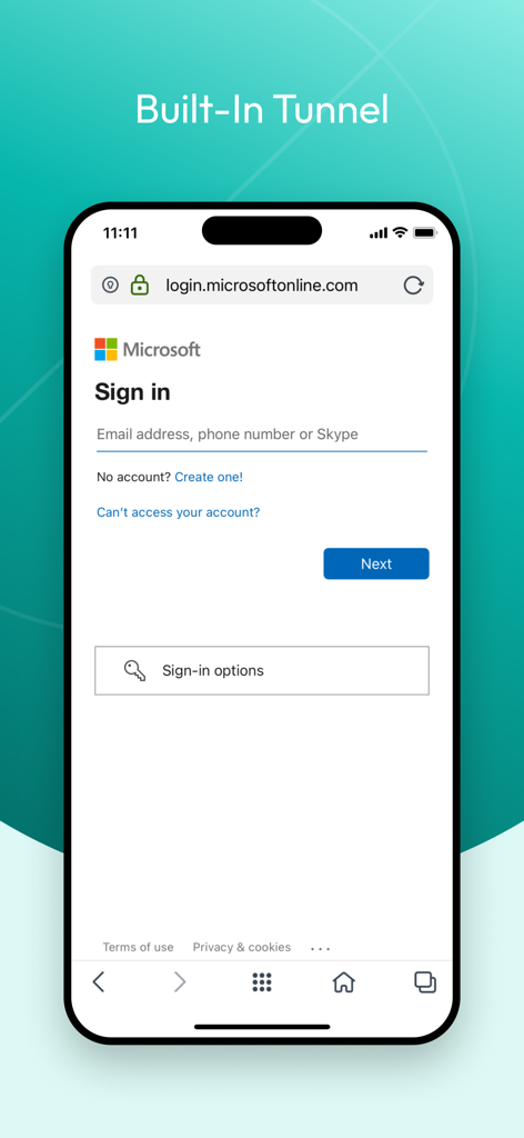 Aplicativo Workspace ONE Web mostrando uma página de login segura da Microsoft com tecnologia de túnel integrada