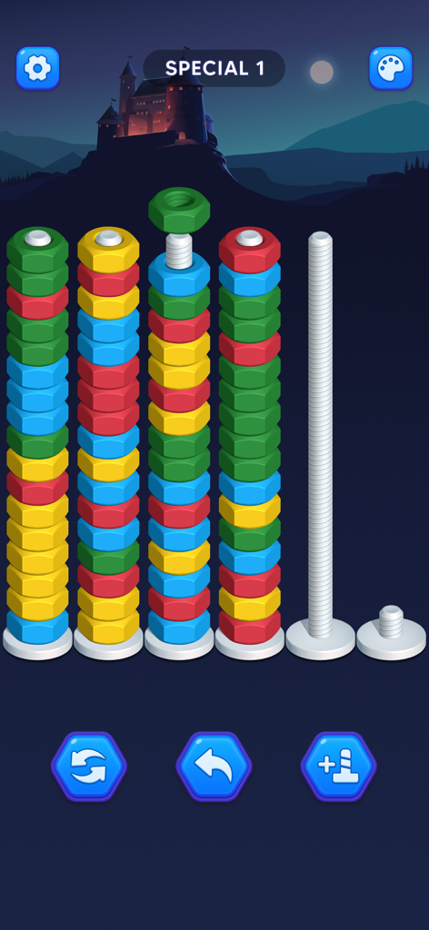 Nut and bolt sorting puzzle gameplay with colorful nuts on threaded rods