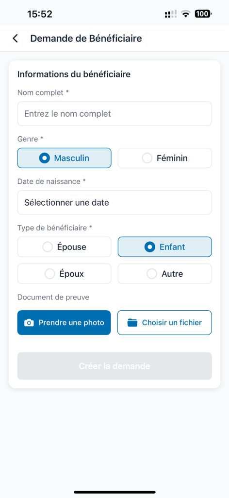 A form in the My Transvie app to add beneficiary information such as name gender and birth date